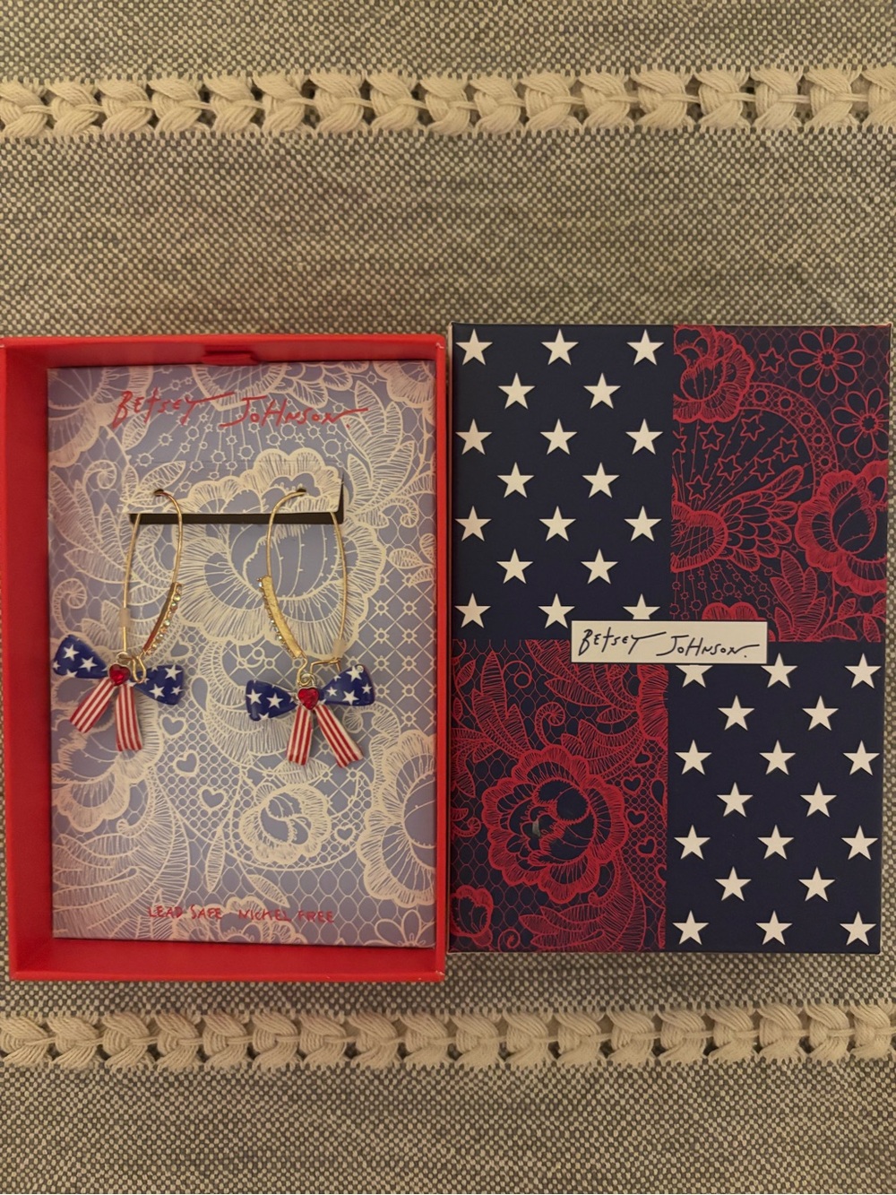 Betsey Johnson Red White & Blue Bow Drop Earrings